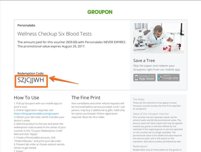 I can't find my Groupon redemption code Personalabs